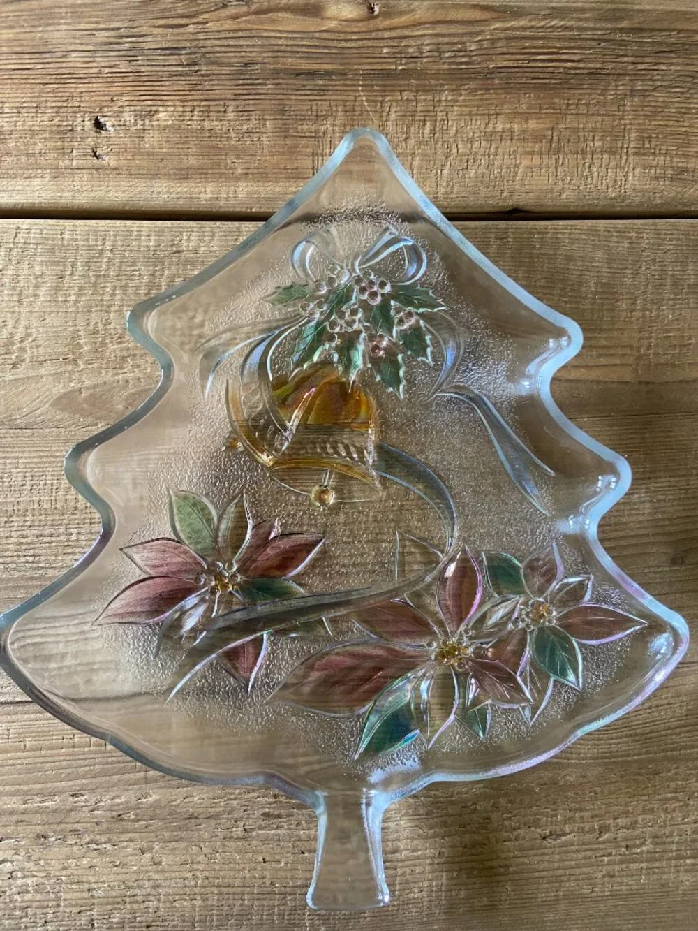 Christmas tree serving platter, holiday glass tray, hand painted centerpiece,